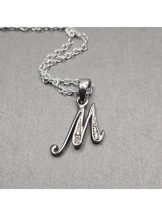 RJ Jewelry - Sterling Silver Diamond Initial M Pendant Necklace 22" Personalized Jewelry 925